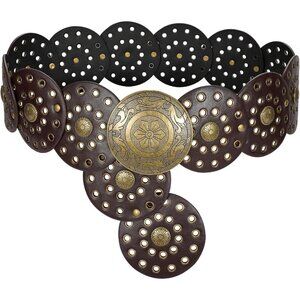 Women Boho Disc Belt Wide Western Leather Belt Vintage Concho Waist Belts Coffee